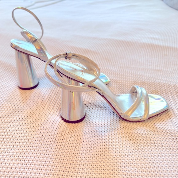 SAM EDELMAN Kia Leather Silver Block Heel Sandals Strappy Chunky Heels - Picture 8 of 11